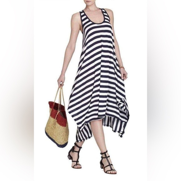 BCBGMAXAZRIA Mylene Handkerchief-Hem Knit Dress in navy/coral mist combo - Picture 8 of 10